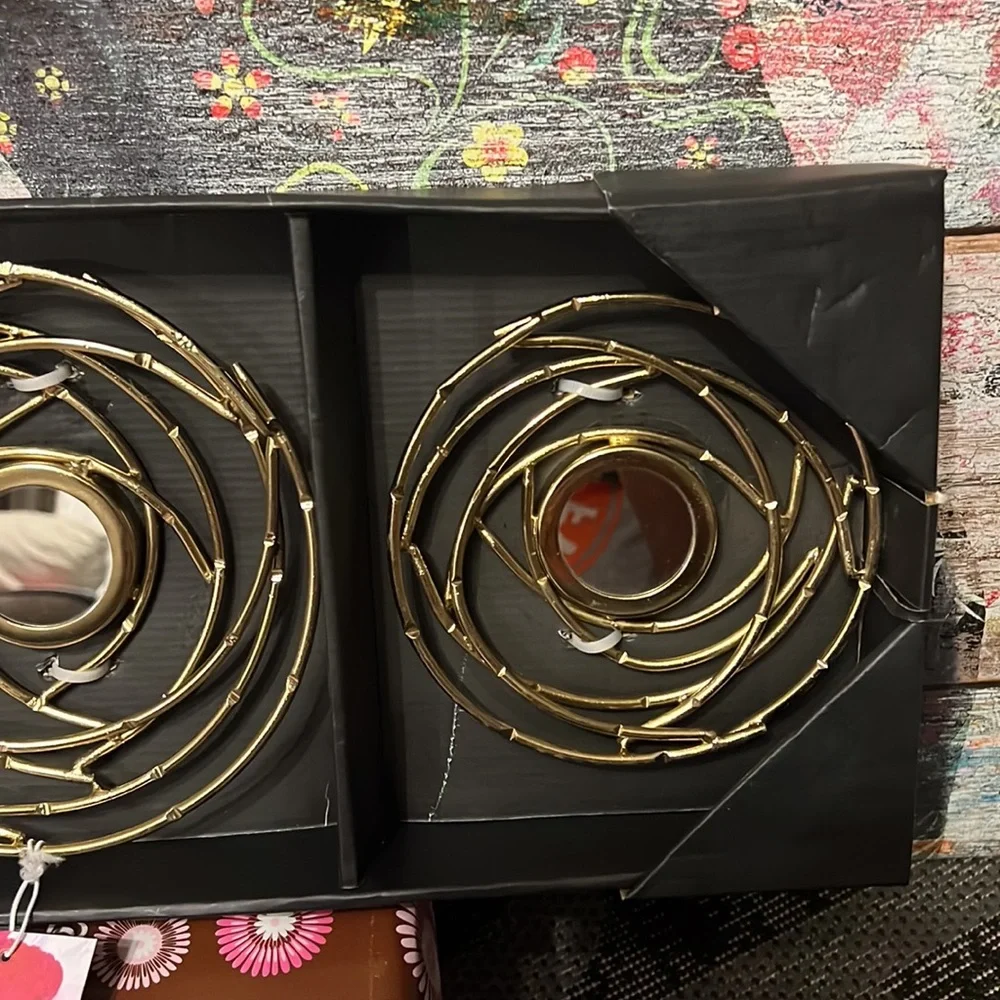 New Set 3 Handcrafted in India Gold-Tone Metal Mirrored “Bird Nests” Wall Decor